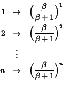 \begin{eqnarray*}1 &\rightarrow& \Bigl(\frac{\beta}{\beta+1}\Bigr)^1\\
2 &\rig...
...ts& \\
n &\rightarrow& \Bigl(\frac{\beta}{\beta+1}\Bigr)^n\\
\end{eqnarray*}